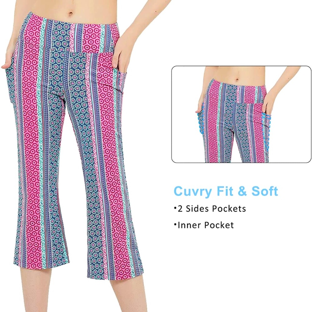 Buttery Soft Women's Bootcut Yoga Pants Capris with 3 Pockets Floral Printing
